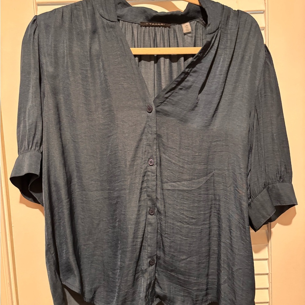 T Tahari Slate Blue Button-Front Blouse